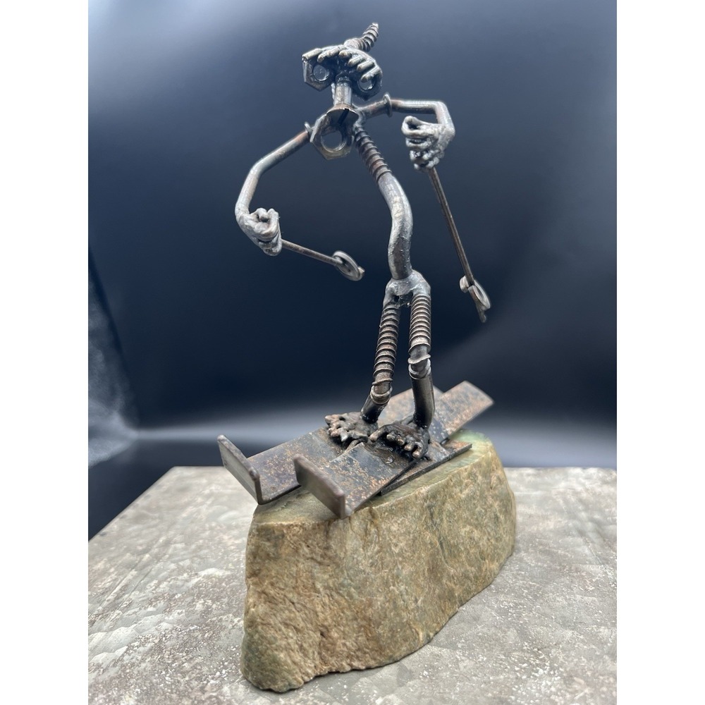 Herb Davis Signed Scrap Metal Skier Sculpture Welded Nuts Bolts Art Granite Base